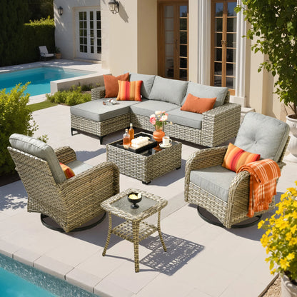Ovios 8 Pieces Wicker Patio Furniture Sets Outdoor Conversation Sectional Sofa with Swivel Chairs & Glass Coffee Table