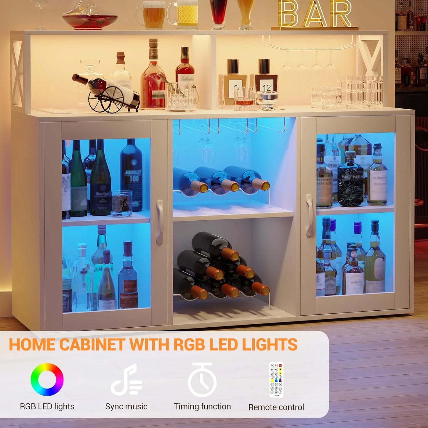 Home Wine Bar Cabinet with LED Light, Industry Coffee Bar Cabinet with Wine Rack, Glass Holder, and Power Outlets, Kitchen Sideboard Buffet Cabinet for Living Room Dining Room