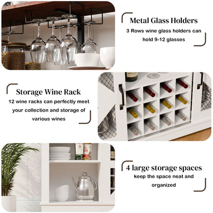 Waleaf Farmhouse Coffee Bar Cabinet with LED Lights, 55" Wine Bar Buffet Cabinet w/Sliding Barn Door & Wine and Glass Rack for Dining Room
