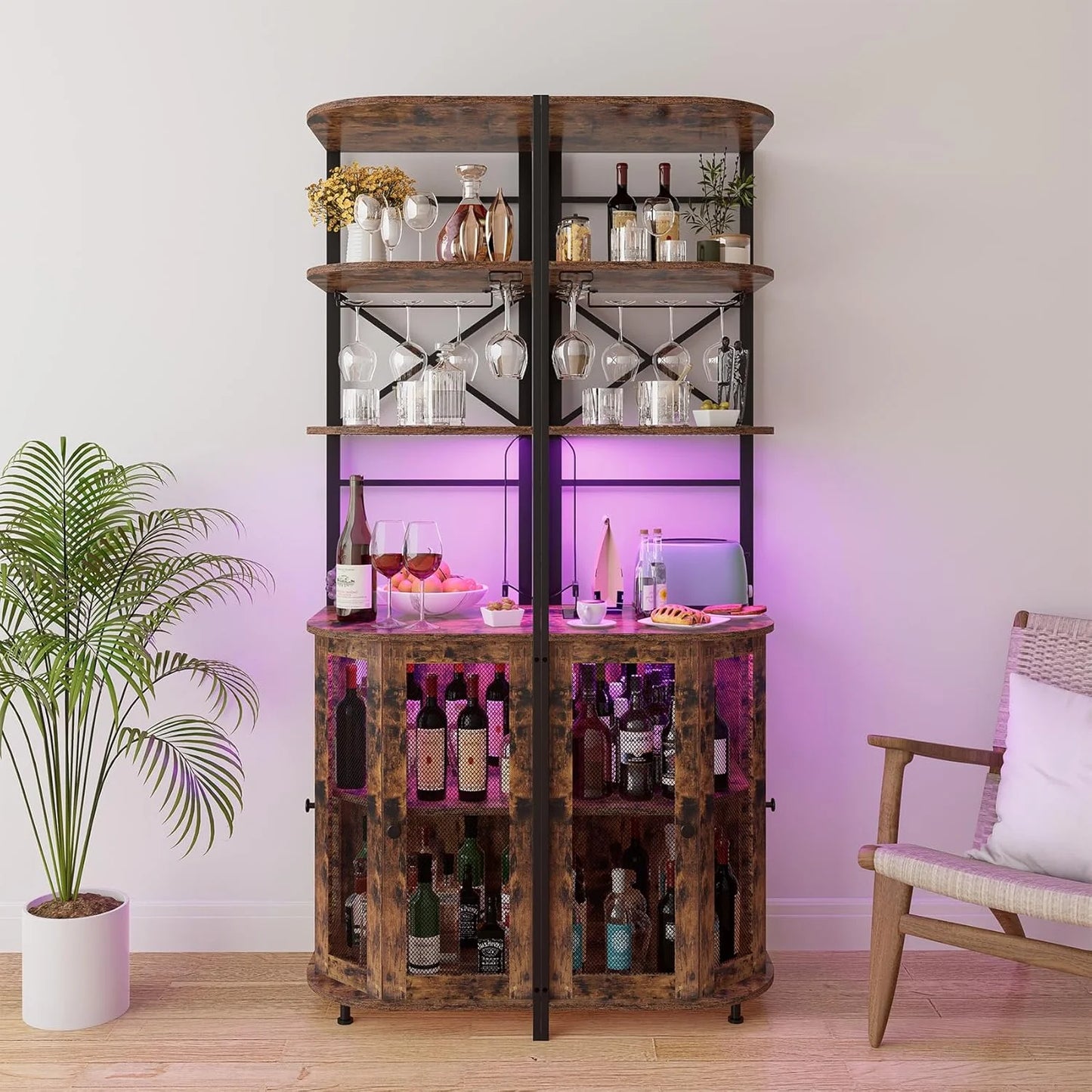 Frmobepts Corner Bar Cabinet with Power Outlet, 6-Tiers Industrial Wine Cabinet with LED Strip and Glass Holder for Living Room, Kitchen, Grey
