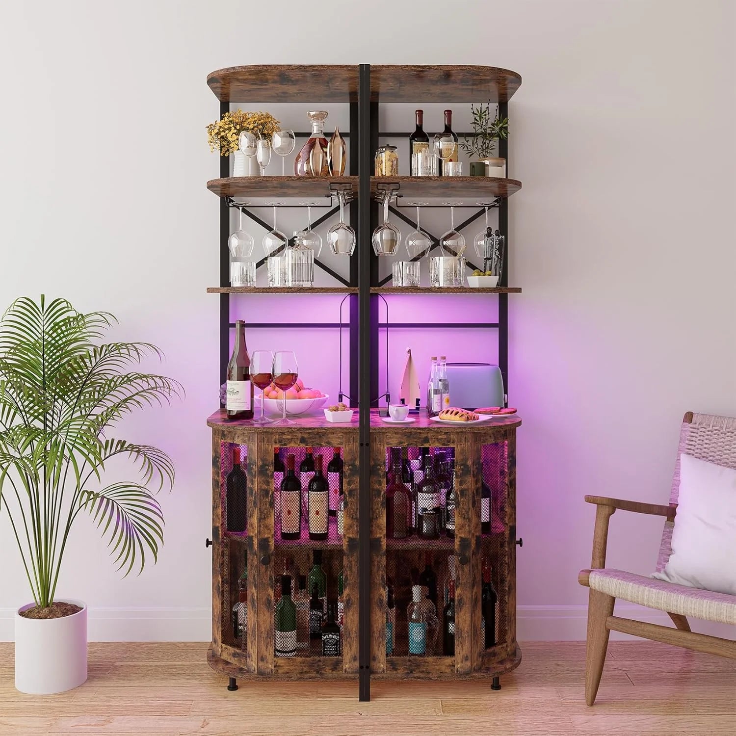 Frmobepts Corner Bar Cabinet with Power Outlet, 6-Tiers Industrial Wine Cabinet with LED Strip and Glass Holder for Living Room, Kitchen, Grey