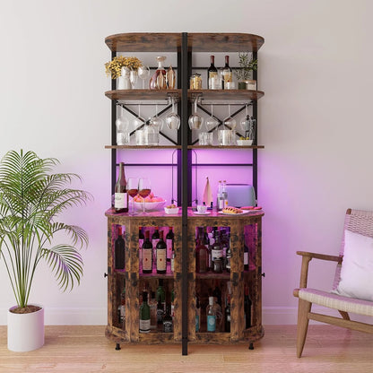 Frmobepts Corner Bar Cabinet with Power Outlet, 6-Tiers Industrial Wine Cabinet with LED Strip and Glass Holder for Living Room, Kitchen, Grey