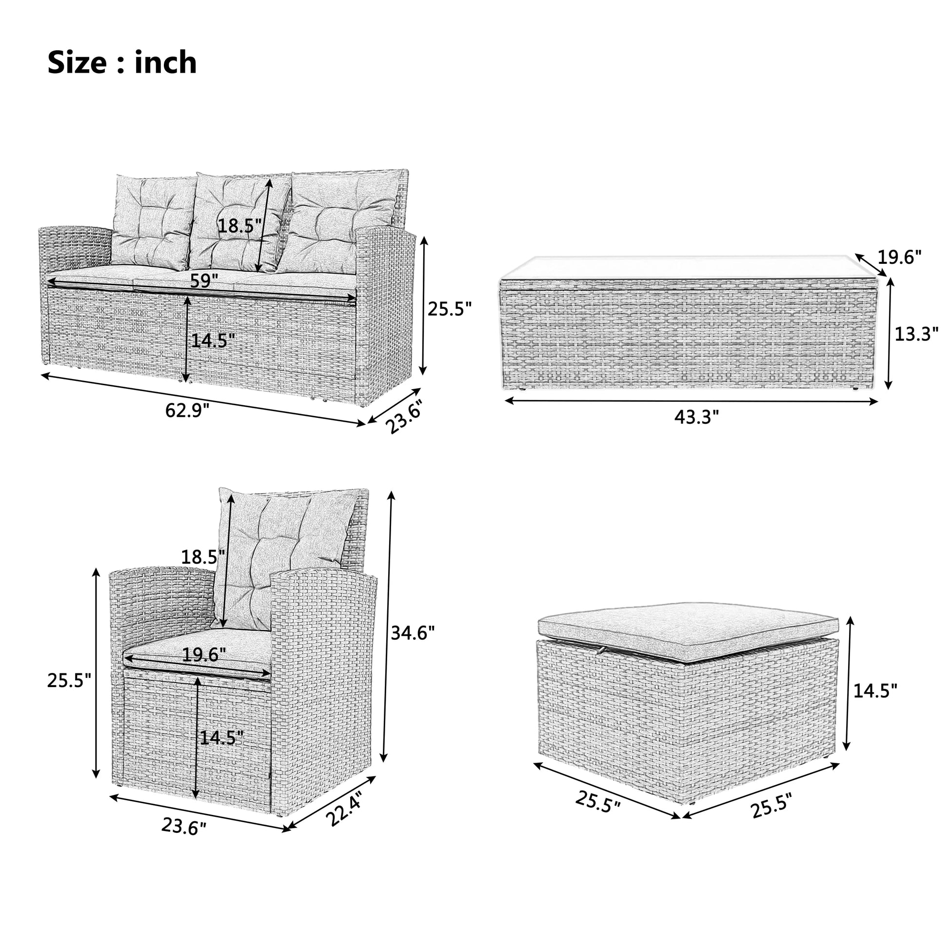 Highsound Patio Furniture Set Sofa 5-Piece Wicker PE Rattan Sectional Sofa Set, Outdoor Furniture Patio Conversation Sofa Set with Glass Coffee Table and Ottoman, Gray
