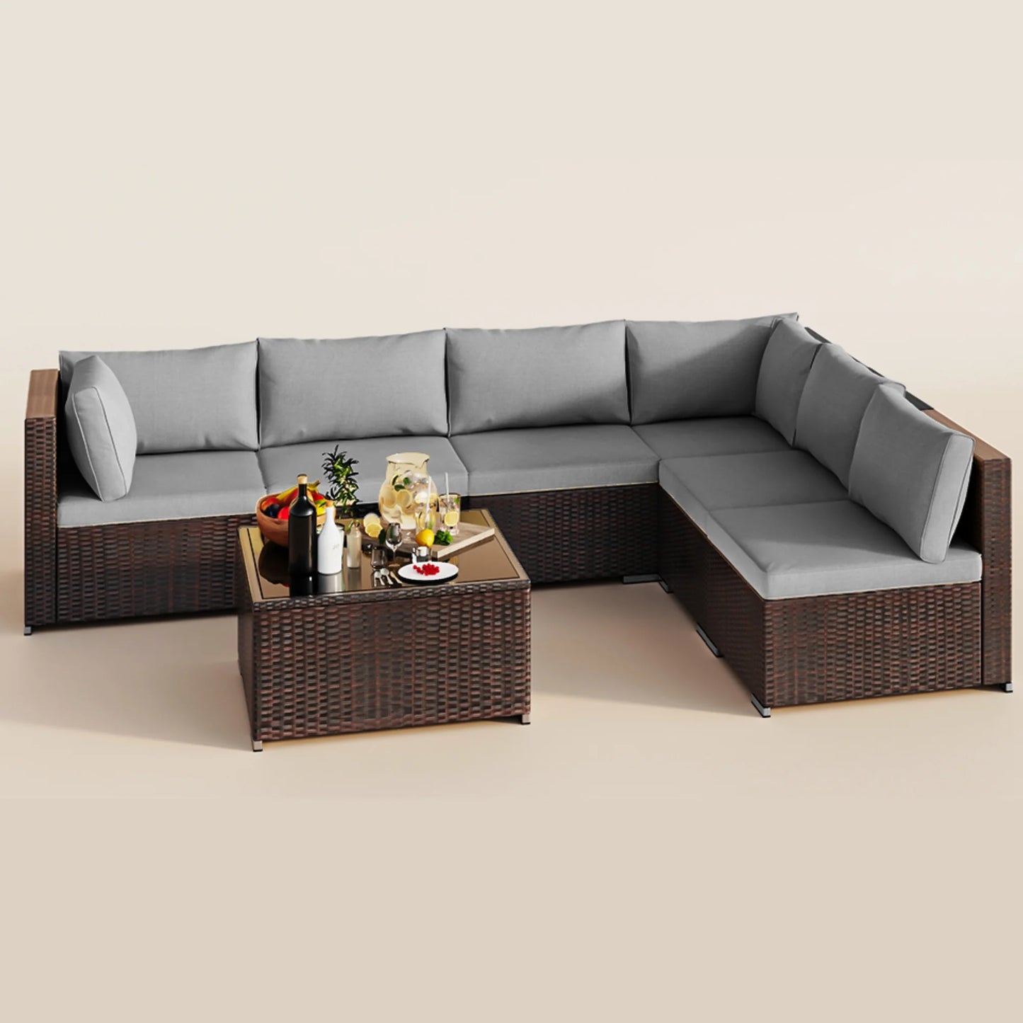 Patio Furniture Set on Sale, Lofka 7-Piece Outdoor Sectional Furniture Set with Glass Coffee Table Garden, Gray