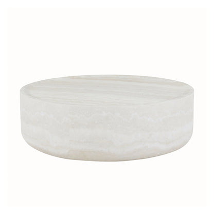 31.49'' Round Coffee Table with Marble Texture, Modern Low Drum Circle Fiberglass Coffee Table, Side Table Accent Table for Living Room, Outdoor, No Need Assembly, Marble