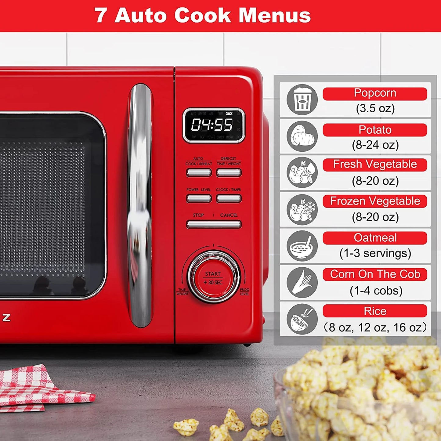 Galanz GLCMKZ09RDR09 Retro Countertop Microwave Oven with Auto Cook & Reheat, Defrost, Quick Start Functions, Easy Clean with Glass Turntable, Pull Handle, 0.9 cu ft, Red