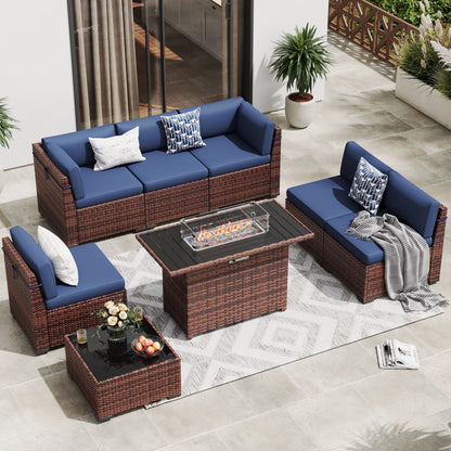 MRUAKA 8 Pieces Patio Furniture Set with Fire Pit Table, Outdoor Furniture Sectional Rattan Sofa with Slanted Back, Patio Couch with Glass Coffee Table for Backyard Garden (Dark Grey)