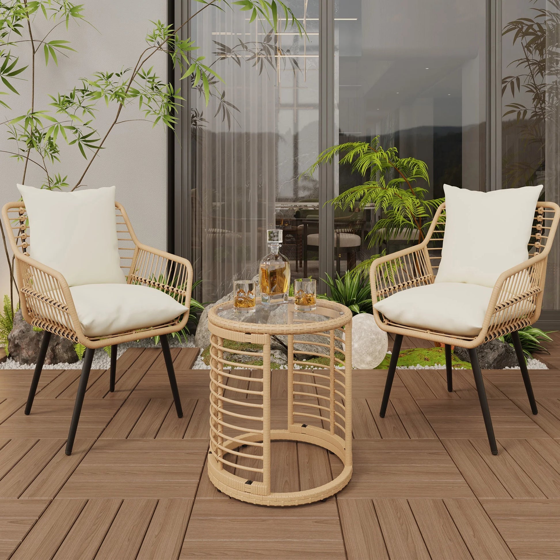Ainfox 3-Piece Steel Outdoor Bistro Sets with Metal Chairs and Glass Top Table, Beige