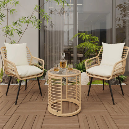 Ainfox 3-Piece Steel Outdoor Bistro Sets with Metal Chairs and Glass Top Table, Beige