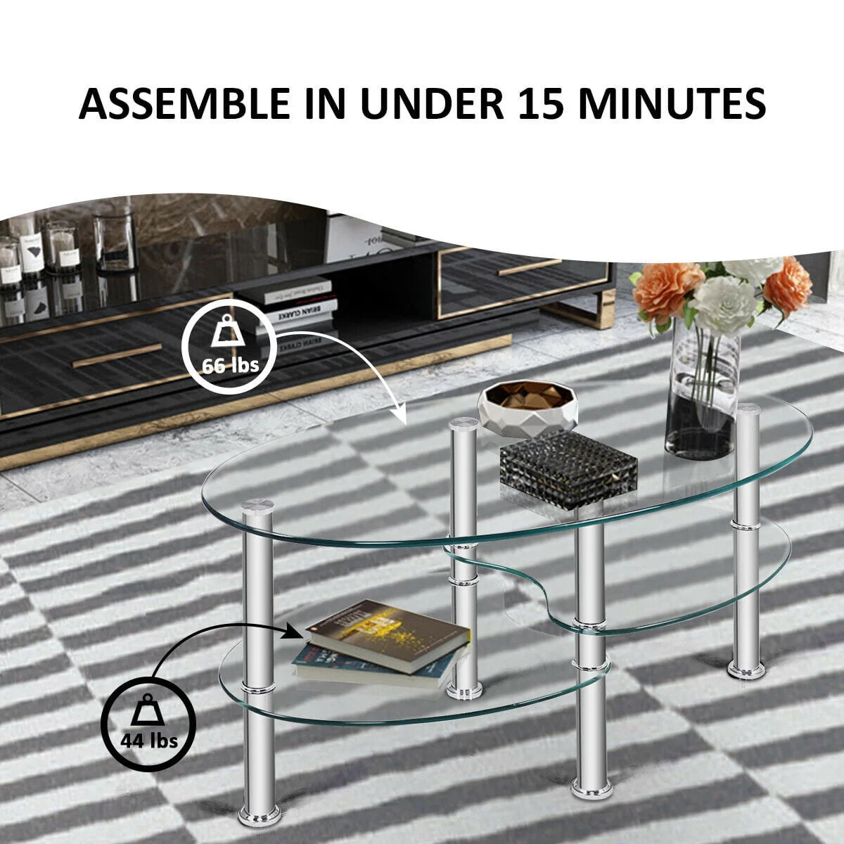Costway Tempered Glass Oval Side Coffee Table Shelf Chrome Base Living Room Clear