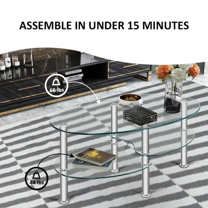Costway Tempered Glass Oval Side Coffee Table Shelf Chrome Base Living Room Clear