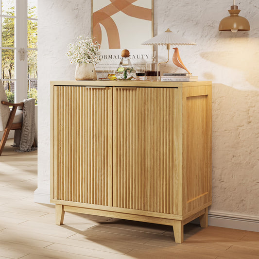 VEANERWOOD Wine Bar Cabinet with 2 Door Fluted Texture, Kitchen Sideboard Buffet with Wine Rack& Glass Holder for Living Room