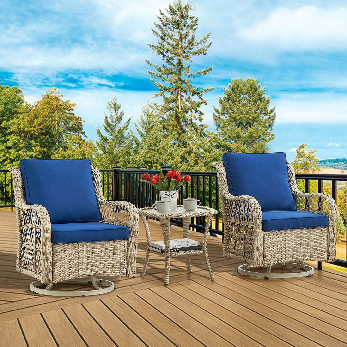 Twister.CK 3 Pieces Patio Furniture Set, Outdoor Swivel Gliders Rocker, Wicker Patio Bistro Set with Rattan Rocking Chair, Glass Top Side Table and Thickened Cushions for Porch Deck Backyard