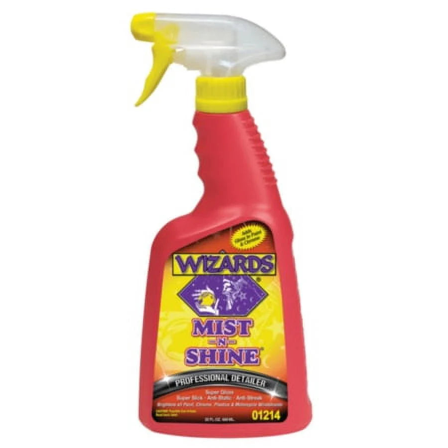Wizards Mist-N-Shine Professional Detailer - Multi-Use Glass Cleaner and Scratch Remover for Vehicles - Adds Gloss to Paint, Chrome and Glass - 22 oz Detail Spray -