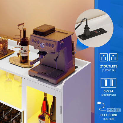 DEXTRUS Wine Bar Cabinet with Power Outlet & LED Light, Cabinet with Wine Rack & Glass Holder, White