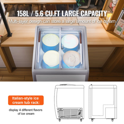 KFFKFF Professional Ice Cream Showcase, 5.6 Cubic Feet Storage Freezer, Portable Transparent Lid Deep Freezer, Diner Gelato Storage Cabinet with 4 Spacious Tubs, Dual Slide Glass Doors, Secure Wheels