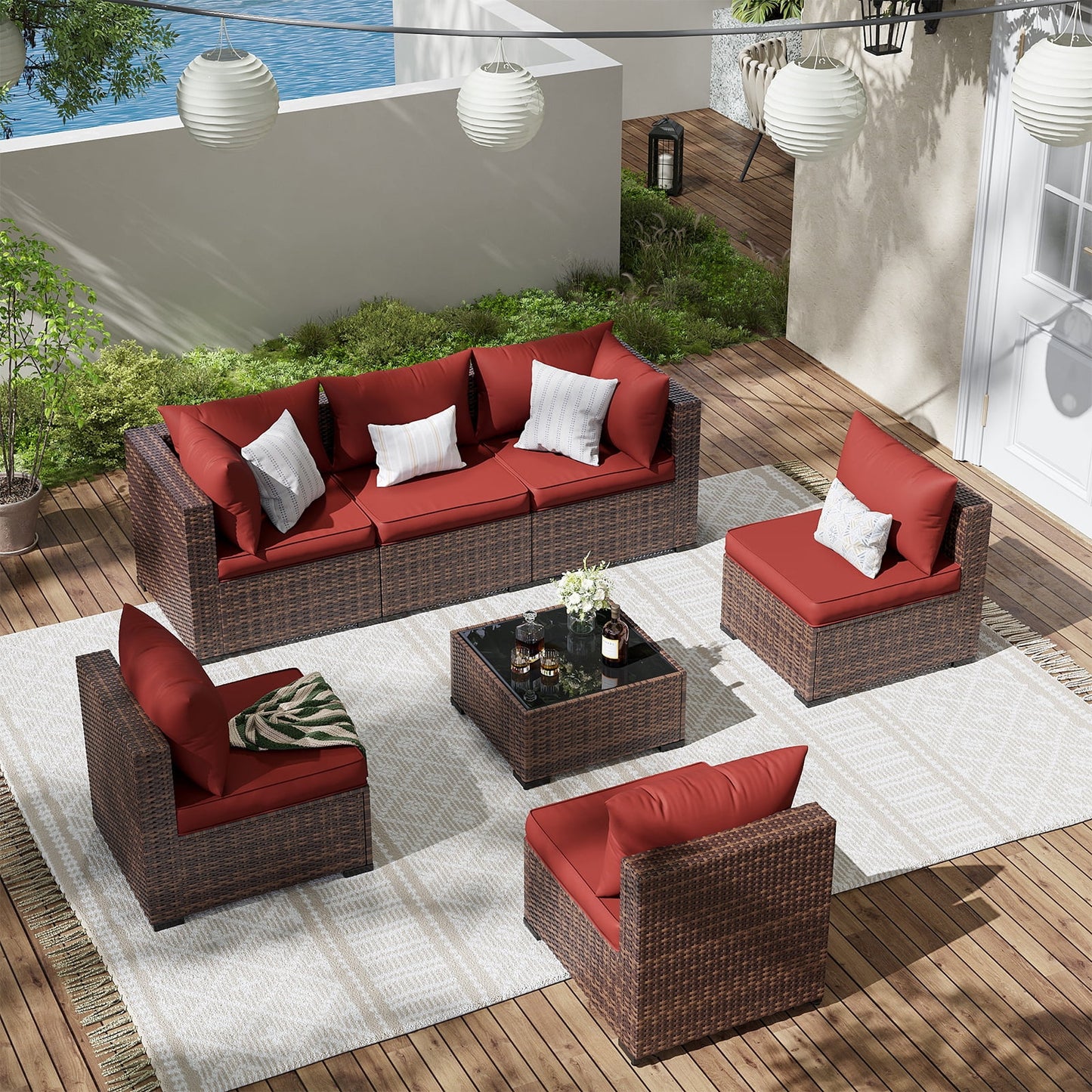 ELPOSUN 7 Pieces Patio Furniture Set All Weather Outdoor Sectional Sofa, Outdoor Modern Sectional Furniture Wicker Couch with Glass Coffee Table, Thicken Red Cushions, Water Resistant