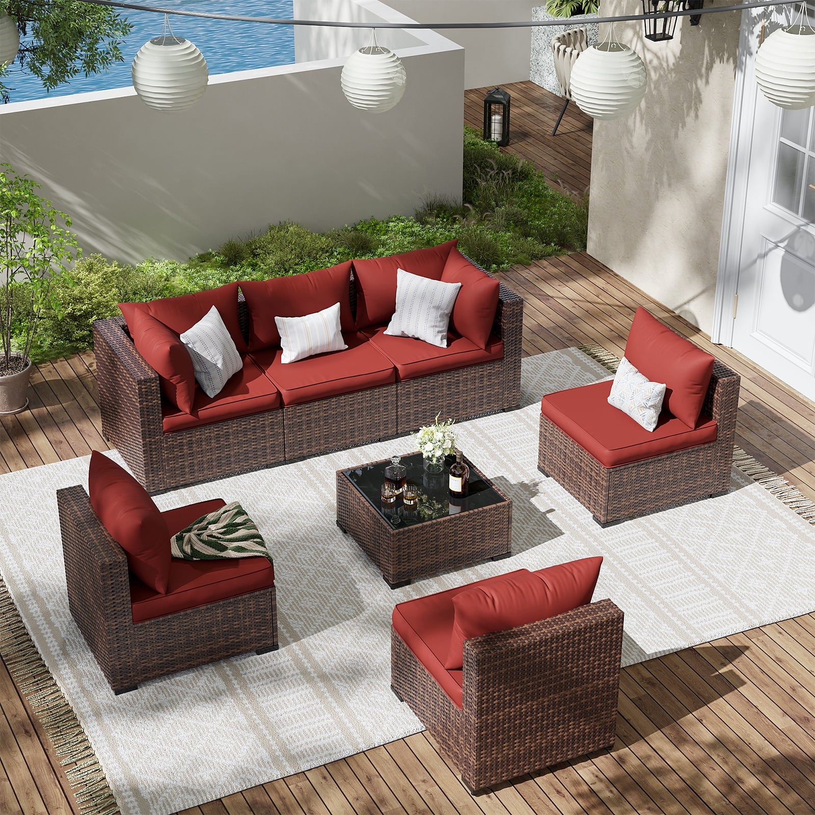 ELPOSUN 7 Pieces Patio Furniture Set All Weather Outdoor Sectional Sofa, Outdoor Modern Sectional Furniture Wicker Couch with Glass Coffee Table, Thicken Red Cushions, Water Resistant