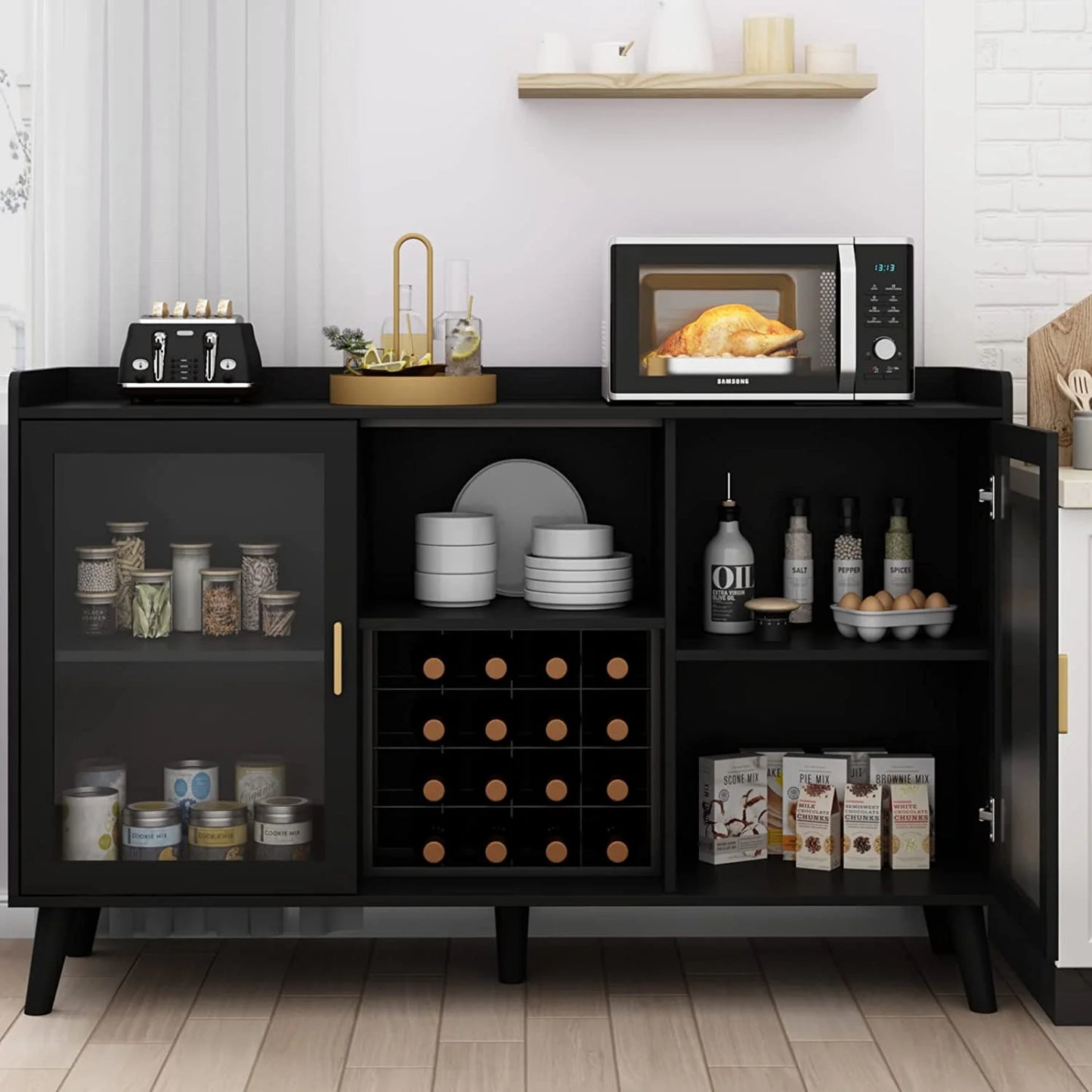 LED Wine Bar Cabinet, Home Coffee Bar Cabinet With Wine Racks and Glass Holders, Buffet Sideboard With Acrylic Doors and Drawer for Dining Room, Bar, Living Room, Black