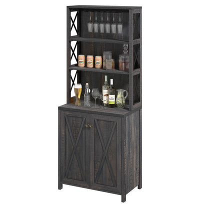 DEXTRUS Bar Cabinet with Glasses Holder, Tall Liquor Sideboard Buffet, Living Room, Dark Rustic Oak