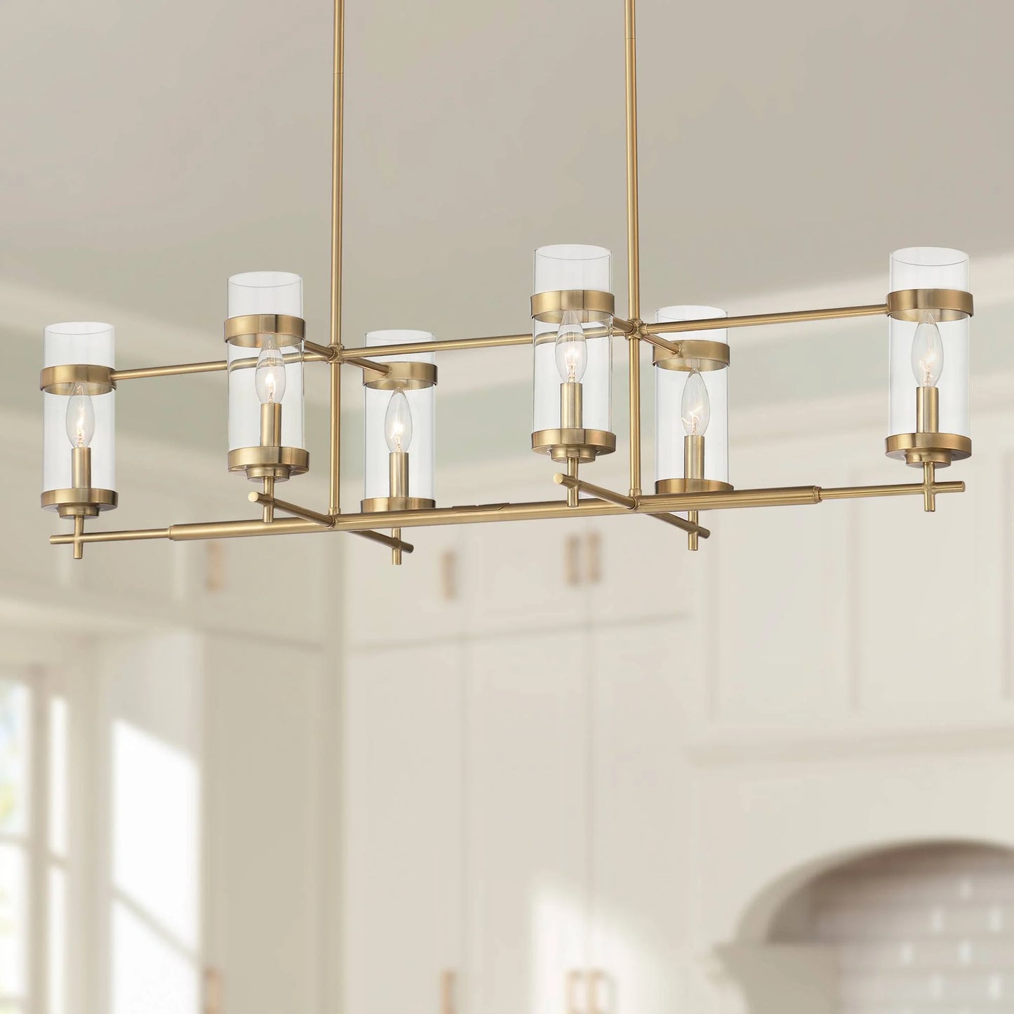 Possini Euro Design Mikel Soft Gold Linear Island Pendant Chandelier 42" Wide Modern Clear Glass Shade 6-Light Fixture for Dining Room House Kitchen