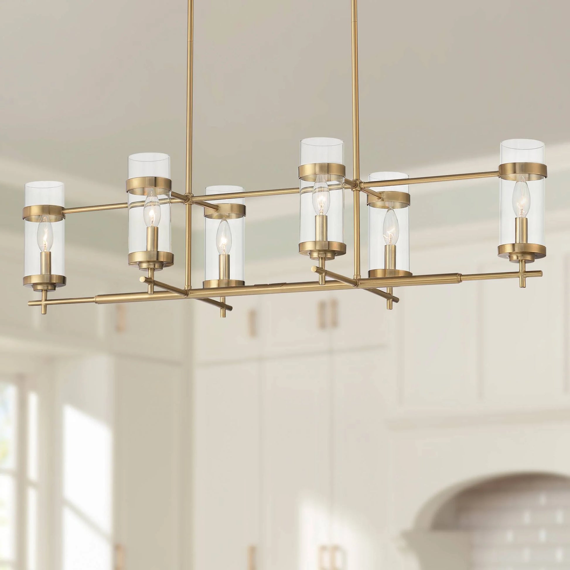Possini Euro Design Mikel Soft Gold Linear Island Pendant Chandelier 42" Wide Modern Clear Glass Shade 6-Light Fixture for Dining Room House Kitchen