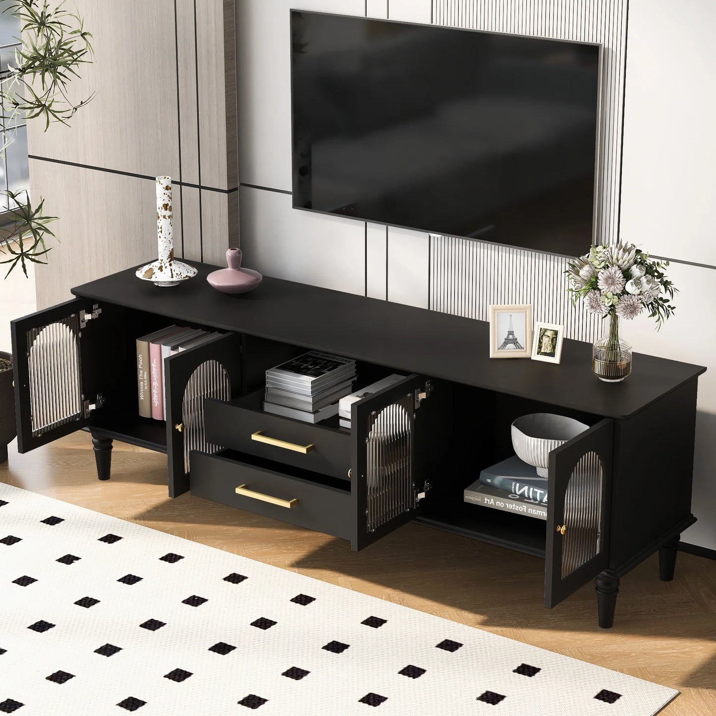 Harper & Bright Designs TV Stand with Fluted Glass Doors for 75 inch TV, TV Storage Cabinet Table with Drawers, Wood Media Console Table with Solid Wood Legs for Living Room, White