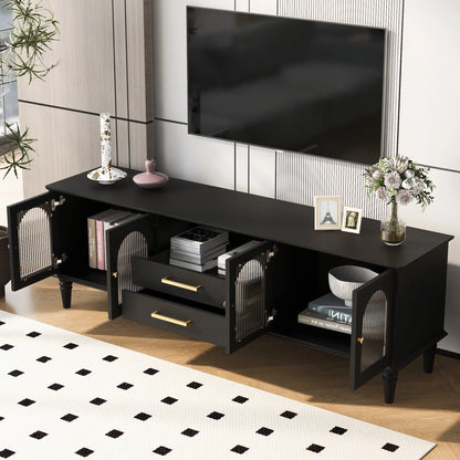 Harper & Bright Designs TV Stand with Fluted Glass Doors for 75 inch TV, TV Storage Cabinet Table with Drawers, Wood Media Console Table with Solid Wood Legs for Living Room, White