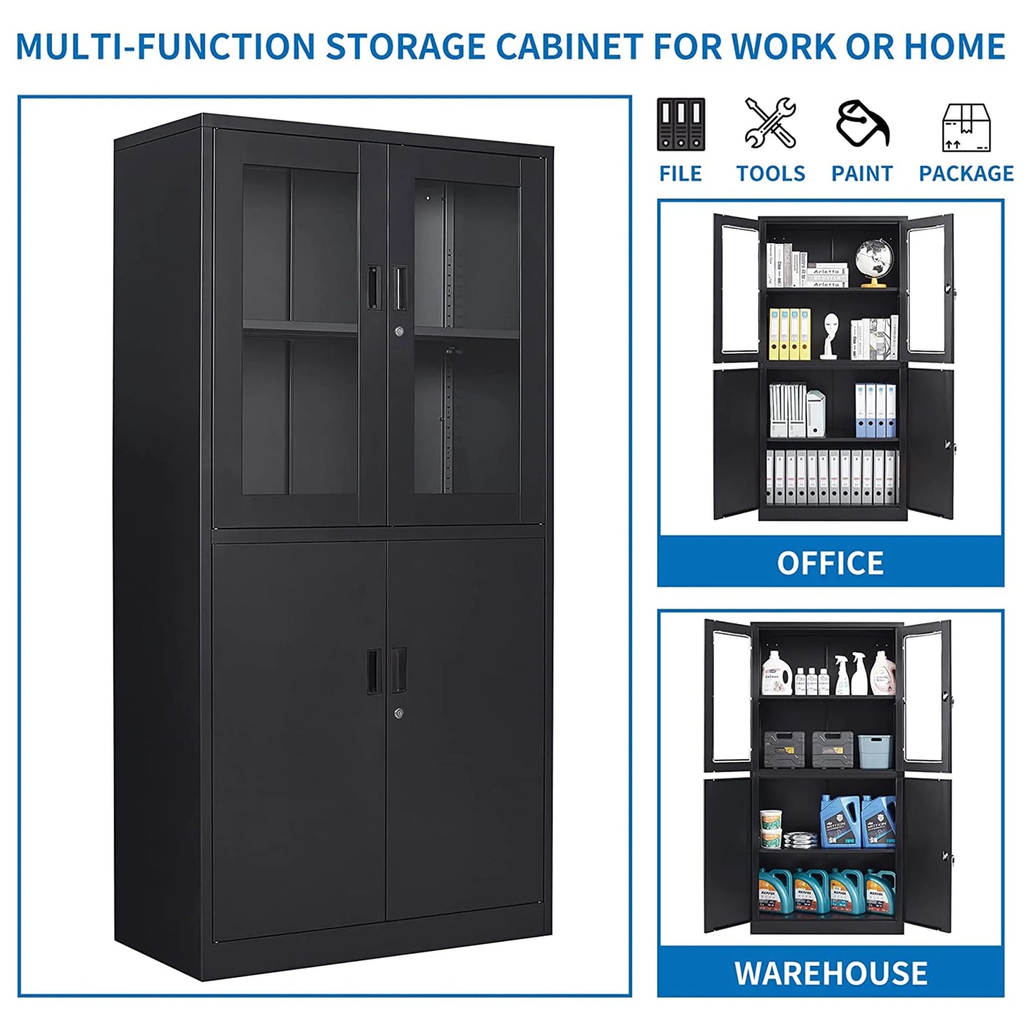 STANI Metal Cabinet with Lock, Tall Office Storage Cabinet with Glass Door, Lockable Black Steel Cabinet with 2 Adjustable Shelves for Home, Clinic, Pantry, Basement