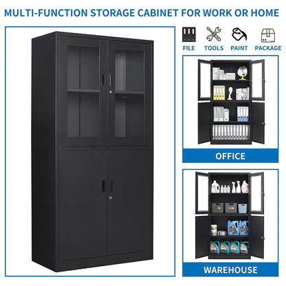 STANI Metal Cabinet with Lock, Tall Office Storage Cabinet with Glass Door, Lockable Black Steel Cabinet with 2 Adjustable Shelves for Home, Clinic, Pantry, Basement