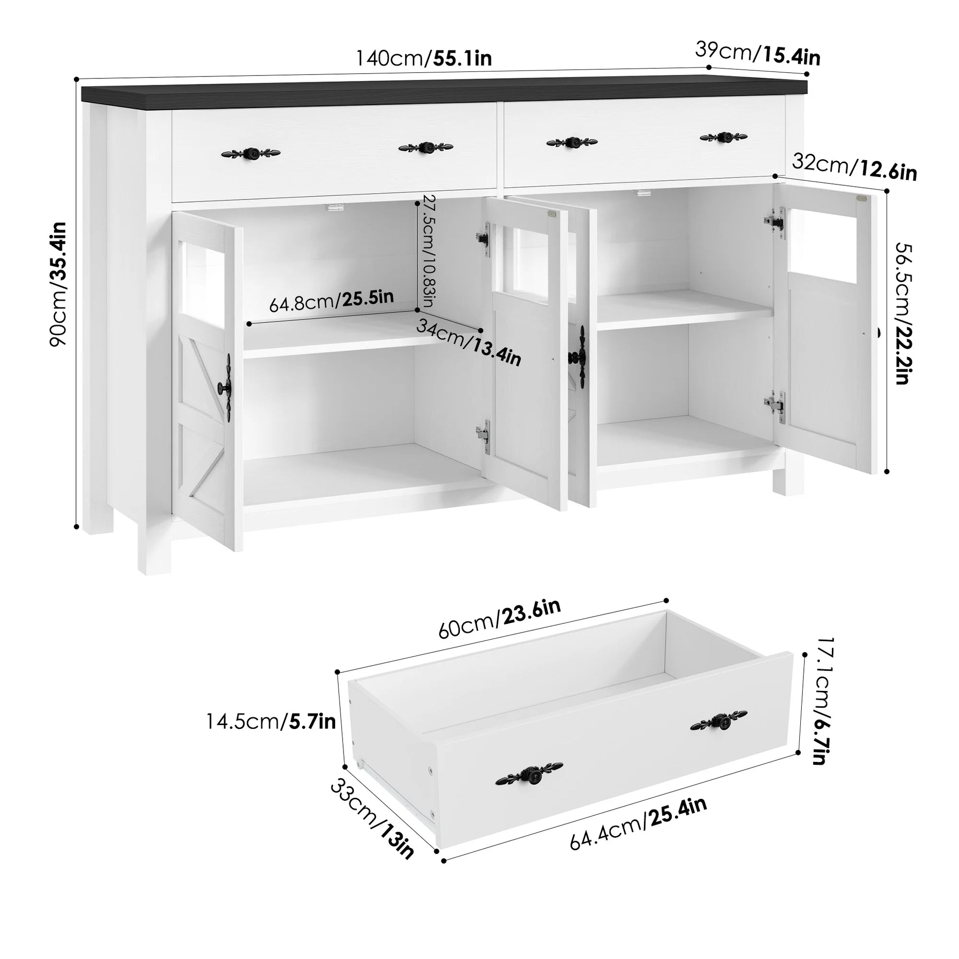 Homfa Farmhouse 55.1"WKitchen Buffet Cabinet with Storage Drawer & Adjustable Shelf, Glass Door Wood Sideboard Credenza Coffee Bar with for Dining Room Living Room, White & Black