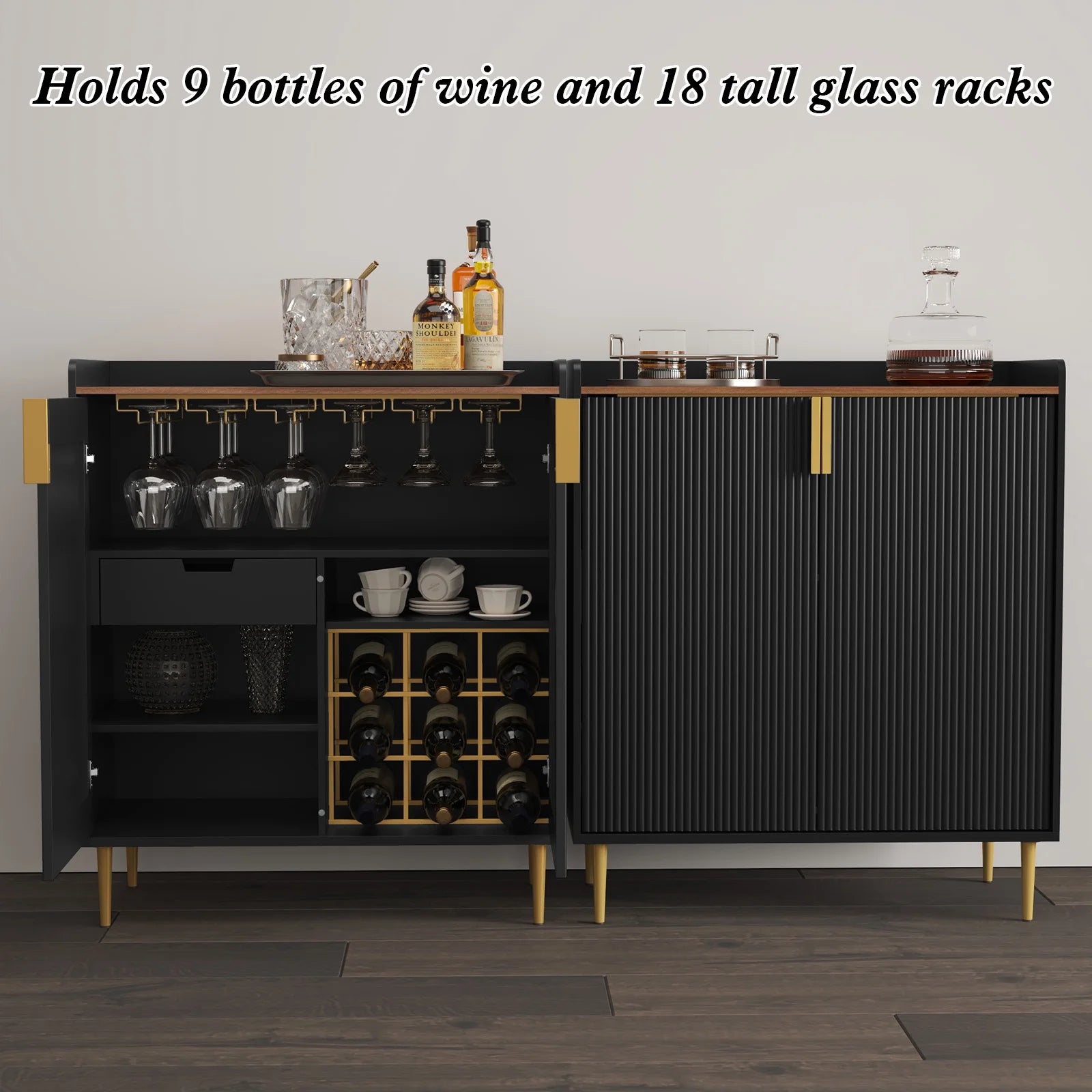 CBJCBJ 32" Wine Bar Cabinet with 2 Door Fluted Texture, Modern Coffee Cabinet with Rack& Glass Holder, Black