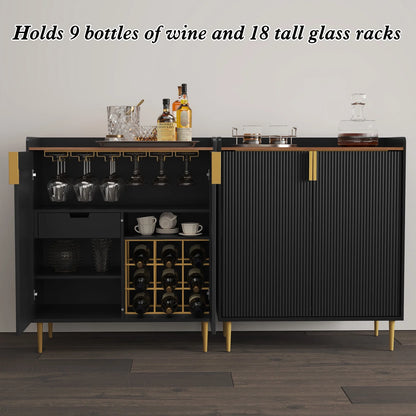 CBJCBJ 32" Wine Bar Cabinet with 2 Door Fluted Texture, Modern Coffee Cabinet with Rack& Glass Holder, Black