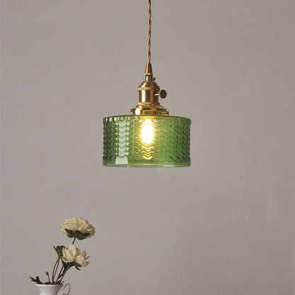 Arturesthome Classic Vintage Green Glass Pendant Light Cylinder Wavy Small Light Fixture