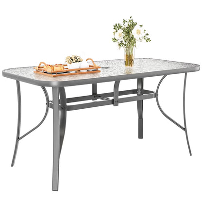 Pirecart Outdoor Glass Table with Umbrella Hole, Patio Dining Table for 6, for Garden, Balcony, Backyard, Poolside, Lawn, Gray