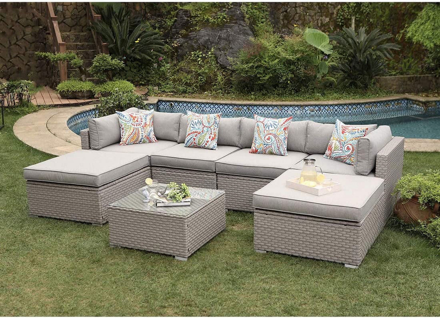 COSIEST 7-Piece Outdoor Patio Furniture Grey Wicker Sectional Sofa Set with Tempered Glass Coffee Table
