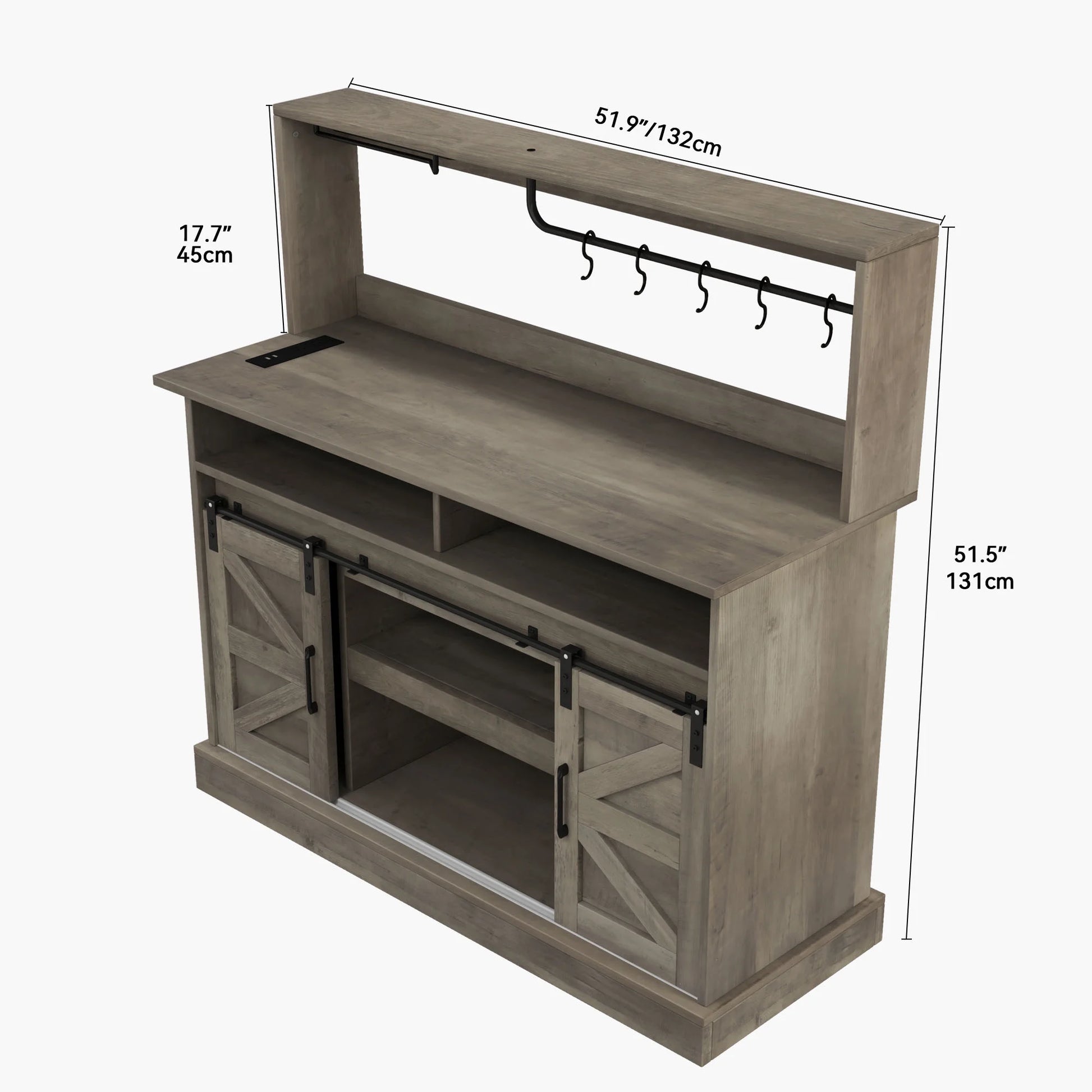Uforic 52" Farmhouse Coffee Bar Cabinet, Barn Door, Wine Glass Rack, USB Ports & Hooks, Washed Gray