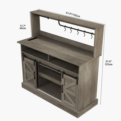 Uforic 52" Farmhouse Coffee Bar Cabinet, Barn Door, Wine Glass Rack, USB Ports & Hooks, Washed Gray