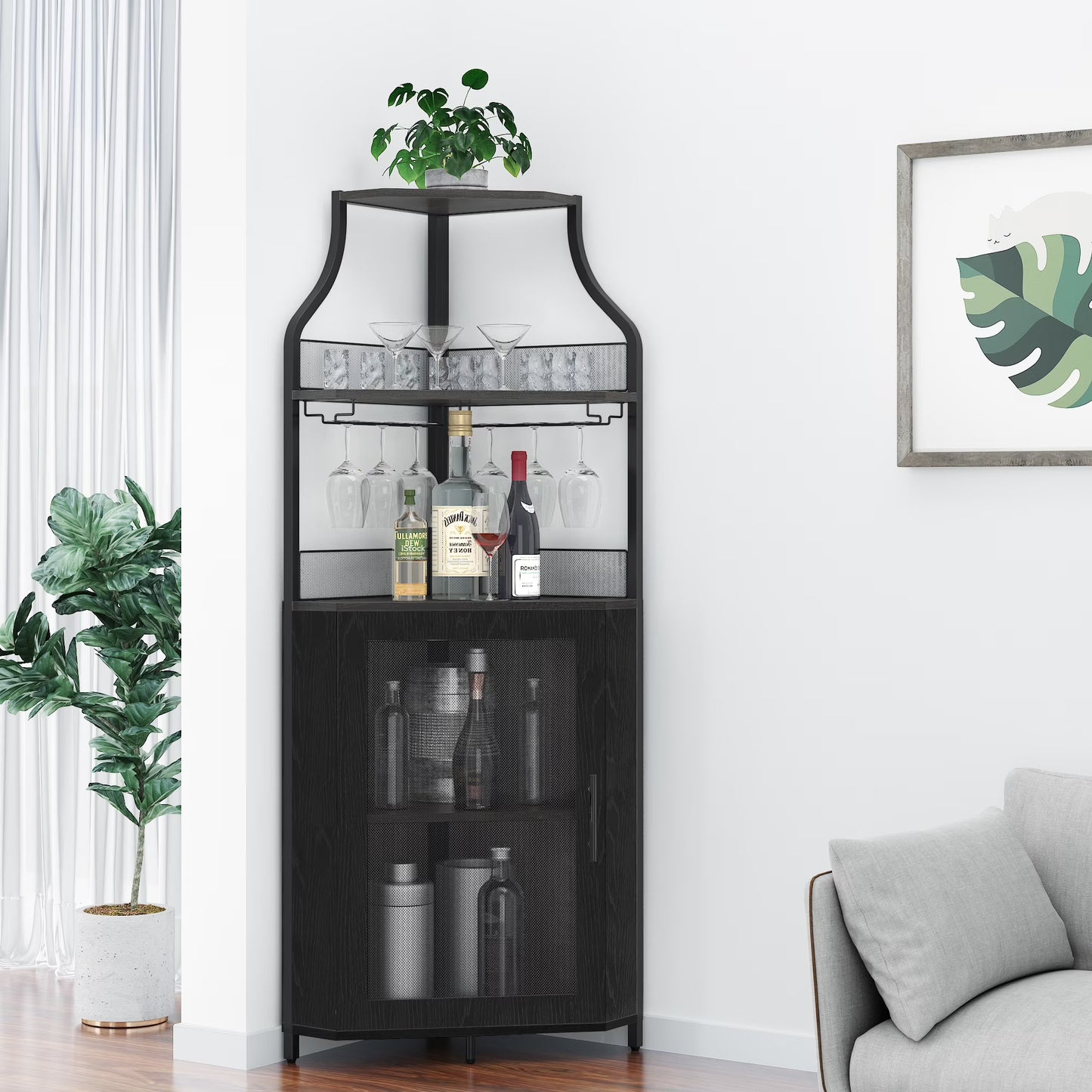COZONY 5-Tier Retro-Styled Corner Bar Cabinet with Wine Rack, Glass Holder, and Storage Shelves, 60.6"H