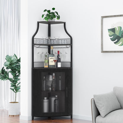 COZONY 5-Tier Retro-Styled Corner Bar Cabinet with Wine Rack, Glass Holder, and Storage Shelves, 60.6"H