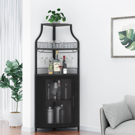 COZONY 5-Tier Retro-Styled Corner Bar Cabinet with Wine Rack, Glass Holder, and Storage Shelves, 60.6"H