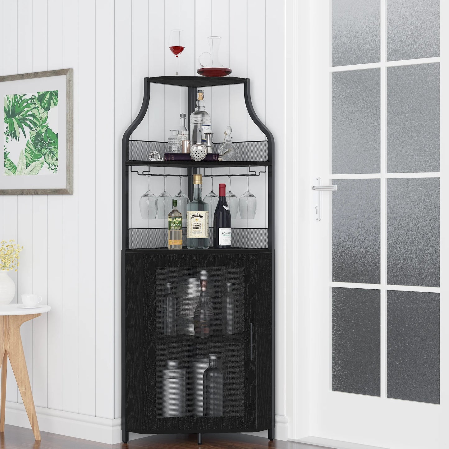 COZONY 5-Tier Retro-Styled Corner Bar Cabinet with Wine Rack, Glass Holder, and Storage Shelves, 60.6"H