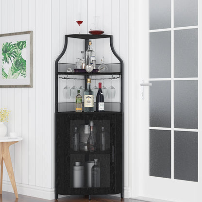 COZONY 5-Tier Retro-Styled Corner Bar Cabinet with Wine Rack, Glass Holder, and Storage Shelves, 60.6"H
