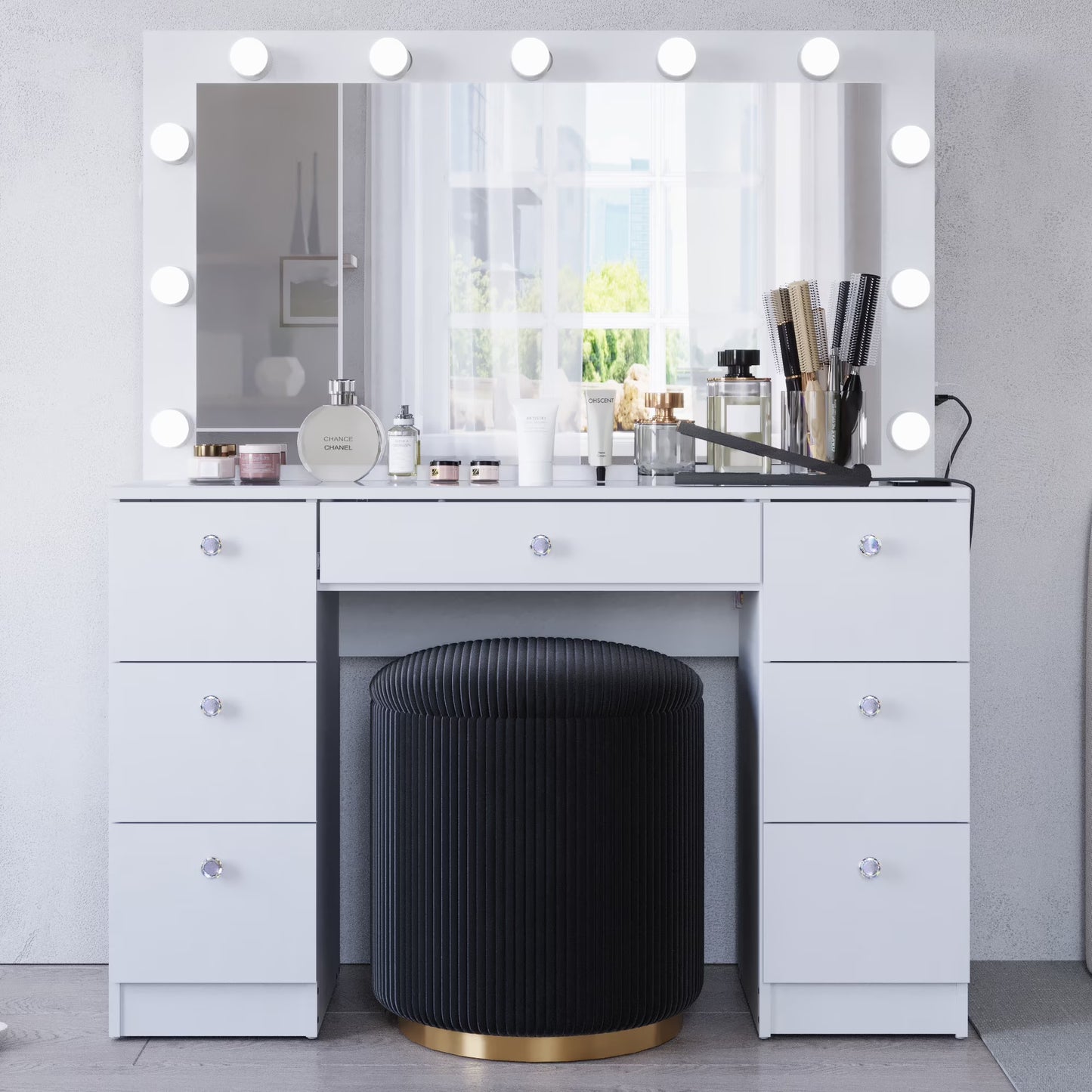 Ember Interiors Ibbie White Makeup Vanity with Glass Top, Lights, Charging Station