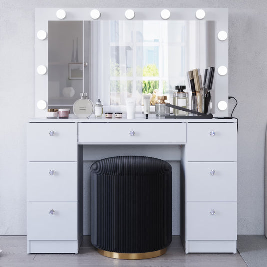 Ember Interiors Ibbie White Makeup Vanity with Glass Top, Lights, Charging Station
