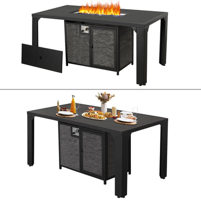 PIZZELLO Outdoor Rectangular Patio Fire Dining Table 62.5" for 6 with Fire Glass Bead, Black