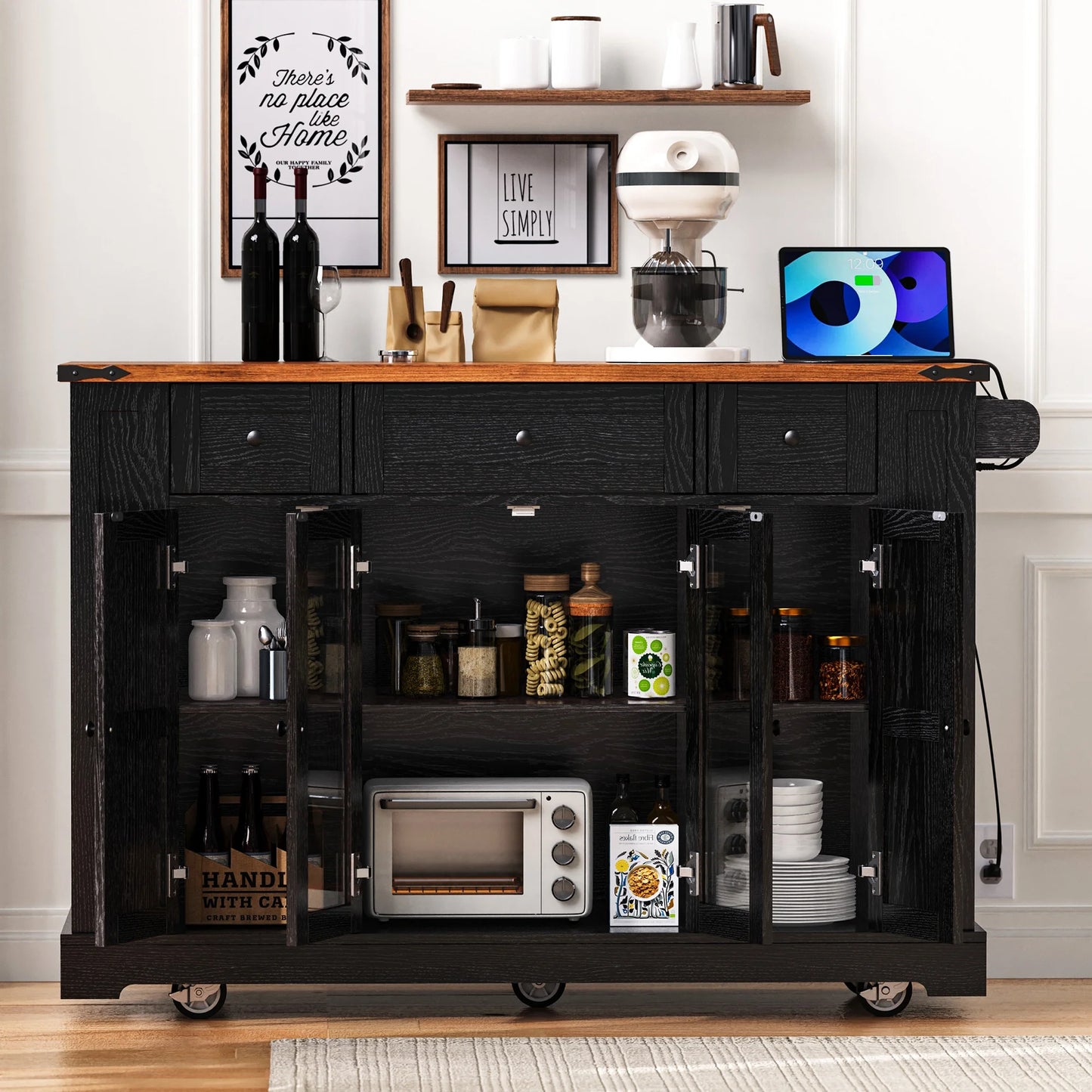 Euroco 53'' Farmhouse Kitchen Island with Two Tempered Glass Cabinet DoorsRolling Kitchen Cart on Wheels