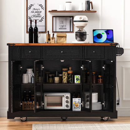 Euroco 53'' Farmhouse Kitchen Island with Two Tempered Glass Cabinet DoorsRolling Kitchen Cart on Wheels