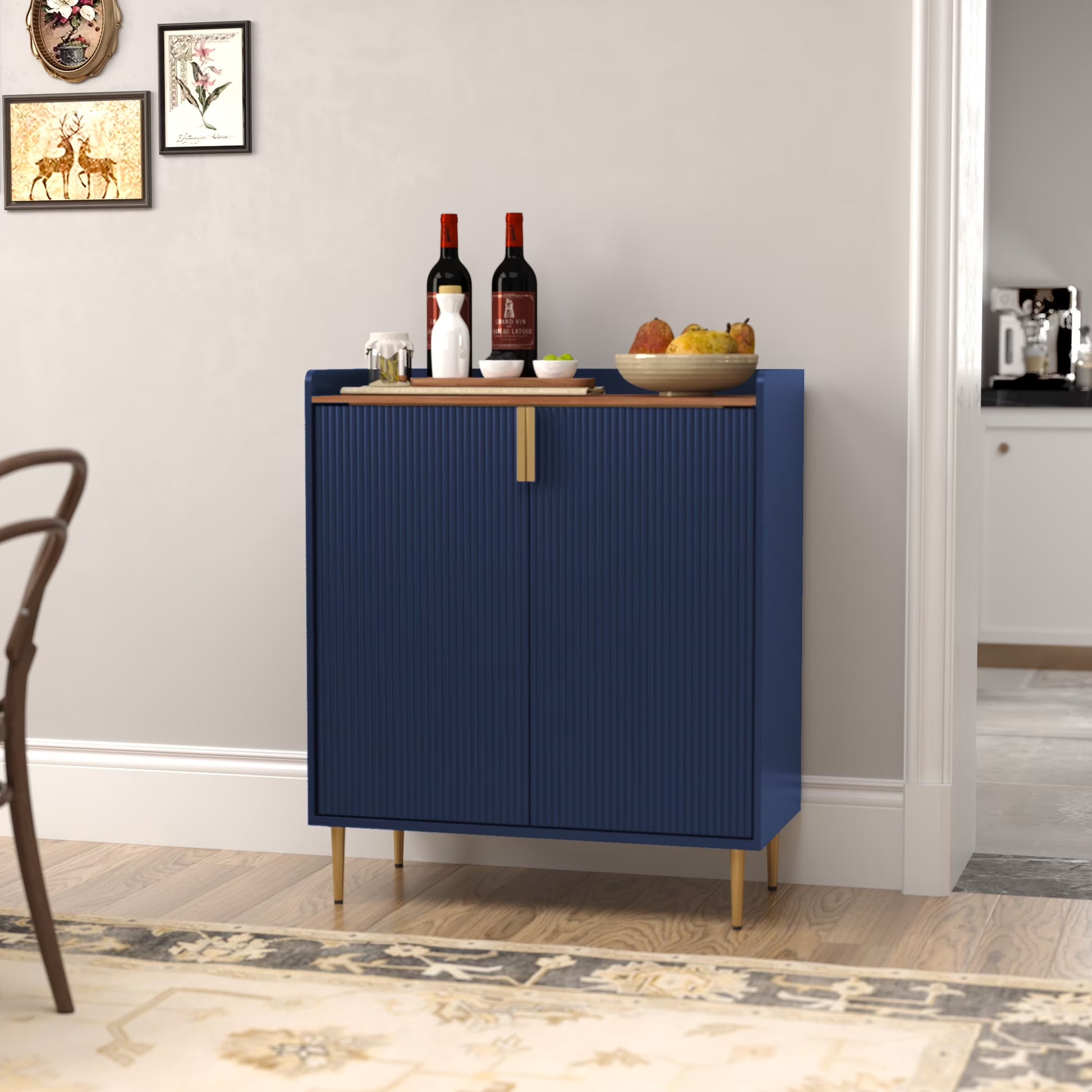 CBJCBJ 32" Wine Bar Cabinet with 2 Door Fluted Texture, Modern Coffee Cabinet with Rack& Glass Holder, Black