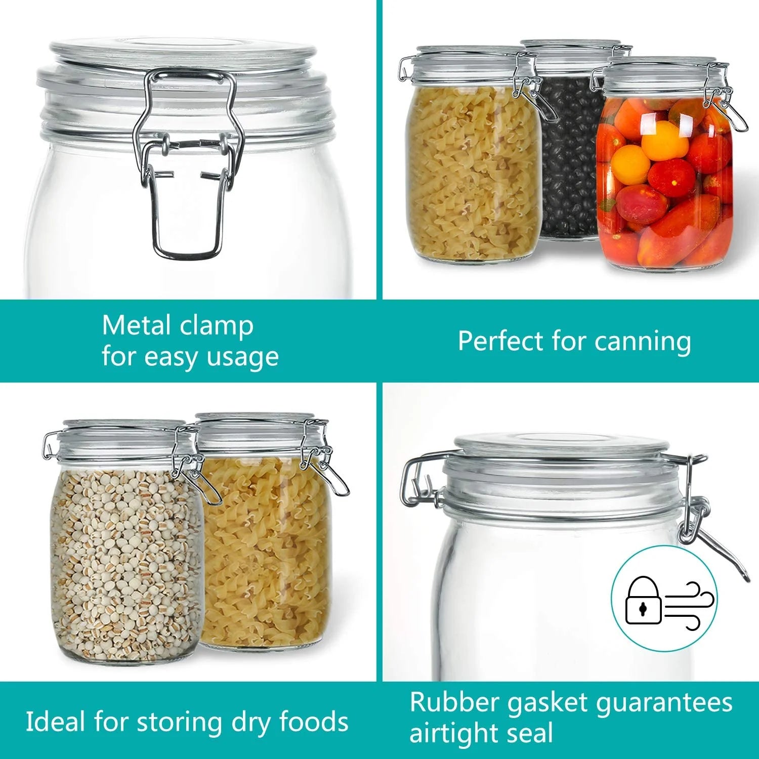 4 Pack Wide Mouth Mason Jars - 34 OZ Airtight Glass Canning Jars with Leak Proof Rubber Gasket and Clip Top Lids, Perfect for Storing Coffee, Sugar, Flour or Sweets